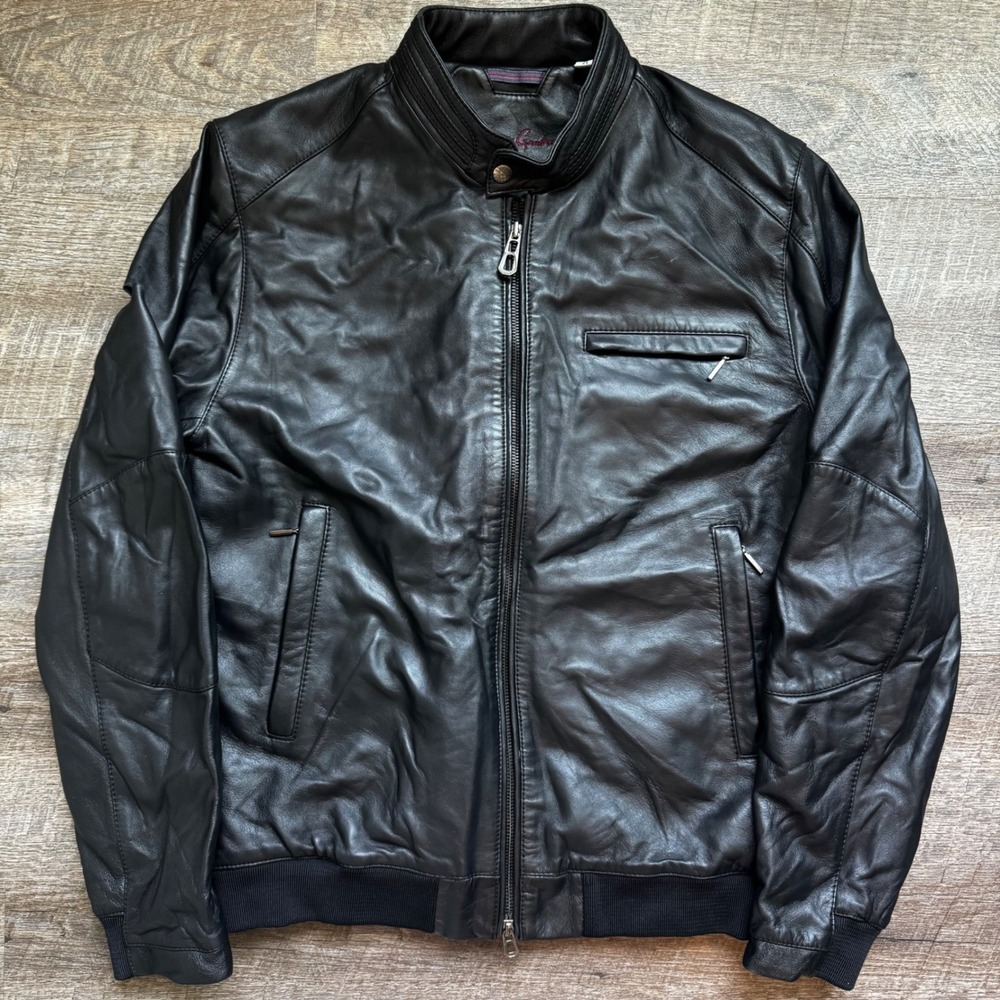 Robert Graham Leather Sheepskin Bomber  Racer Jacket‎ Medium Classic Fit Black